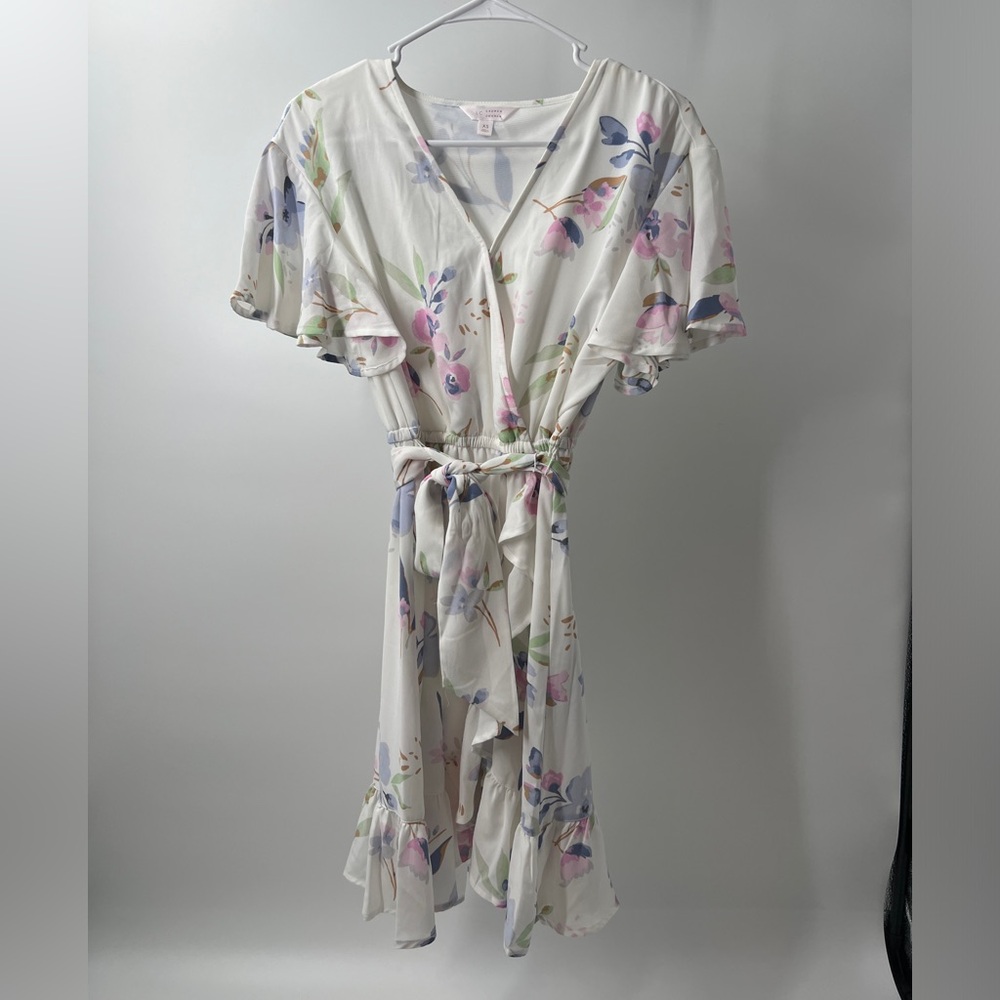 Pastel Floral White Short Sleeve Wrap Dress with Ruffle Sleeves, Spring/Summer